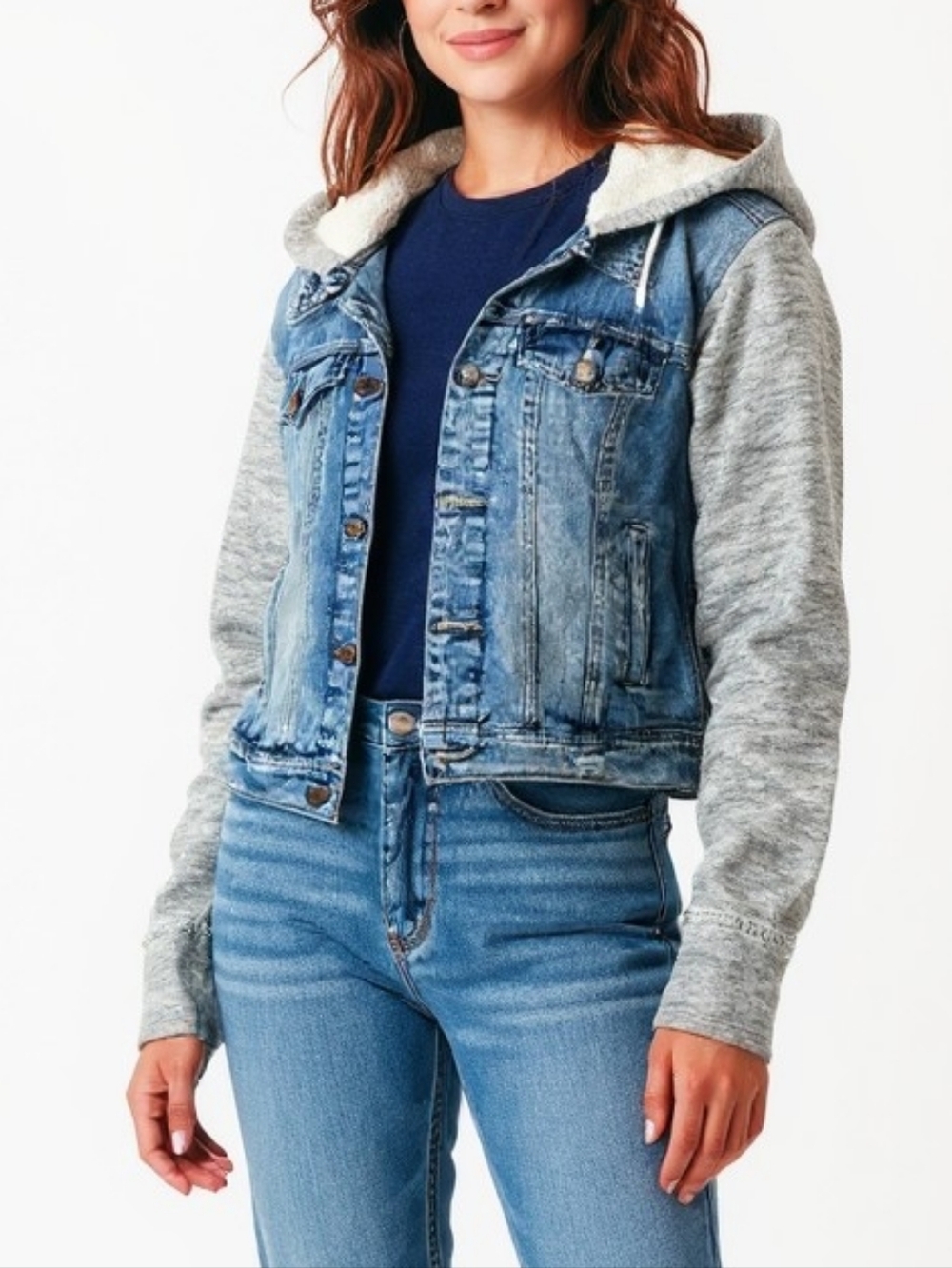 Free People Sweater Hooded Jean Jacket Size Small Blue Grey